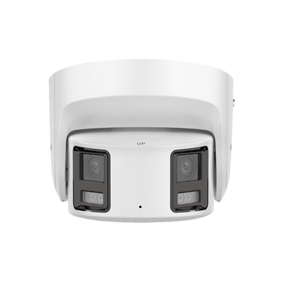 Cámara Panorámica Turret de 4 Megapíxeles - 2x 1/2.5" CMOS de Escaneo Progresivo Night Color - Lente de 2.8mm, vista panorámica de 180º - Compresión H.265+ / H.265 - Truesense2: Filtro de falsas alarmas mejorado - Protección IP67, PoE 802.3 af