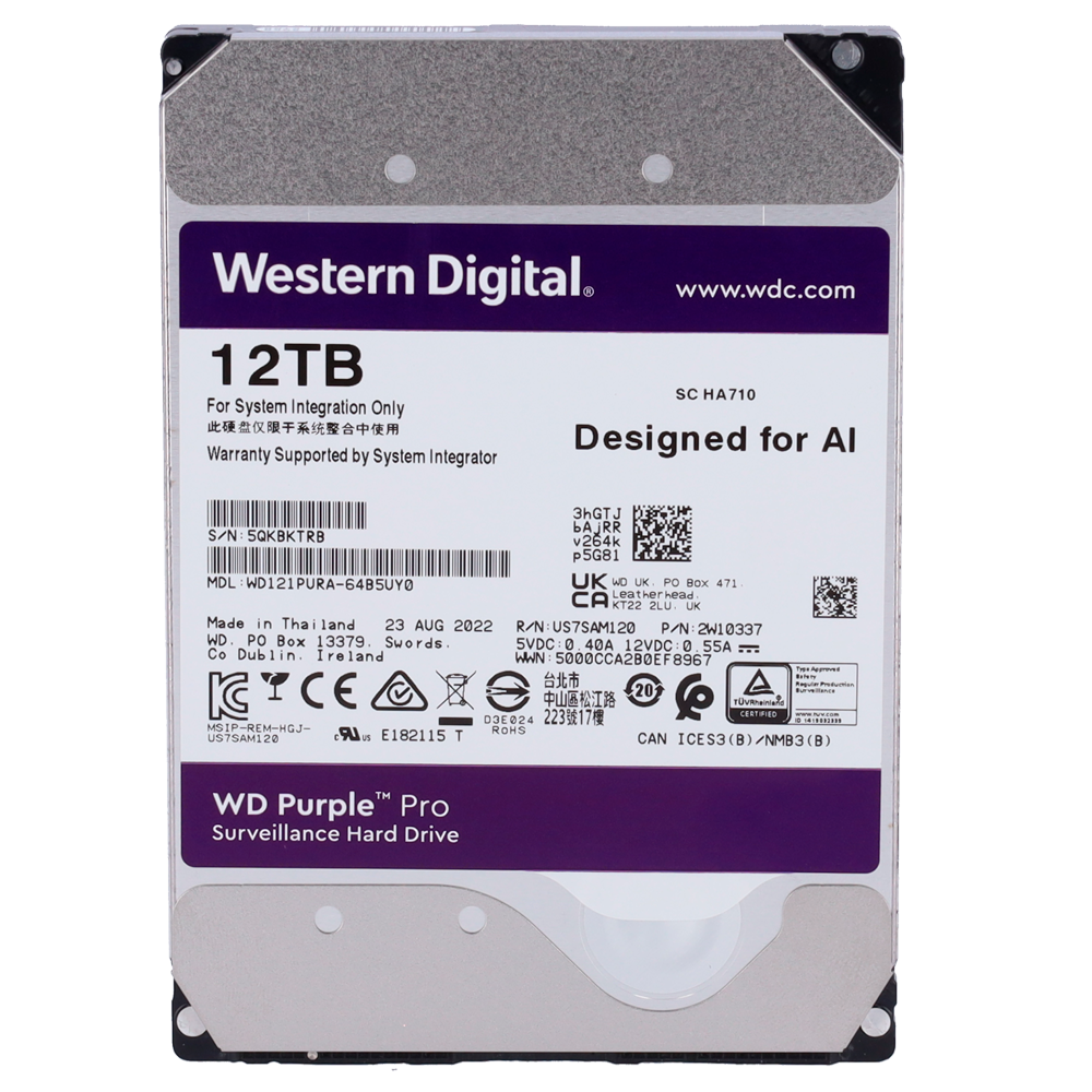 Western Digital Hard Disk - 12 TB capacity - SATA 6 GB/s interface - Model WD121PURZ-64B5UY0 - Special for video recorders - Alone or installed on DVR