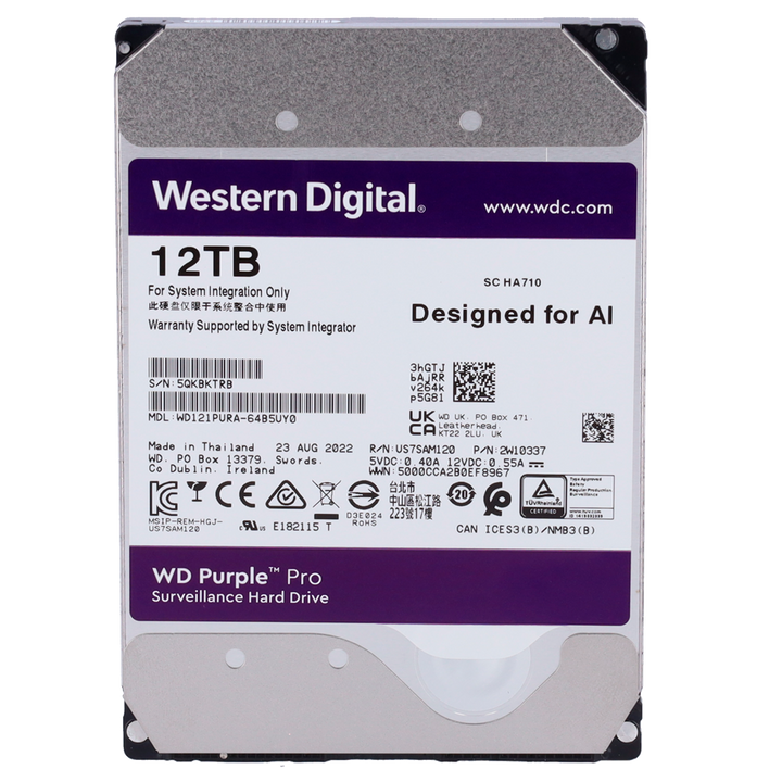 Hard Disk Western Digital - Capacità 12 TB - Interfaccia SATA 6 GB/s - Modello WD121PURZ-64B5UY0 - Speciale per Videoregistratori - Da solo o installato su DVR