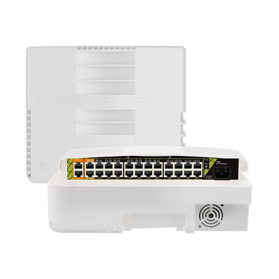 Switch PoE per esterni - 22 porte PoE+ - 2 RJ45 Hi-PoE - 2 RJ45 Uplink - 22 porte 10/100 Mbps - 4 porte Gigabit - A 300 W in totale per tutte le porte - Standard IEEE802.3at PoE+ / af PoE / bt Hi-PoE - Protezione dai Fulmini 6KV, ESD 8KV, IP65