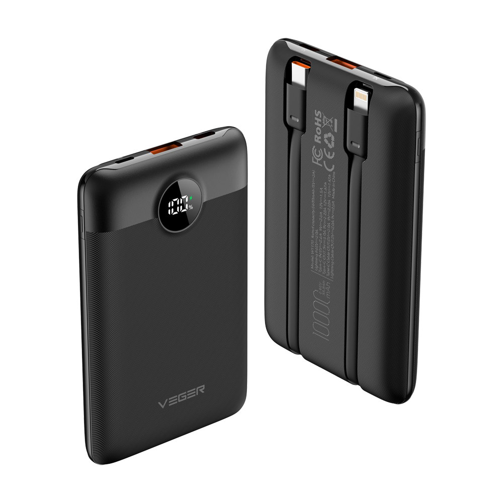 VEGER - Power bank con display LCD - Capacità 10000mAh - Ricarica veloce 22.5W  - Cavi integrati - Ricarica di 4 dispositivi contemporaneamente