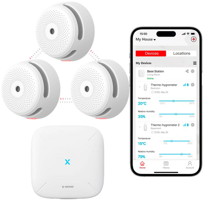 Pack de 3 mini detector de humo autónomo X-Sense - Conexión con HUB SBS50 para comunicación por APP - Permite conectar 50 detectores en la misma red - Duración de la batería 5 años (reemplazable) - Alarma sonora 85 dB a 3m - Certificado EN 14604