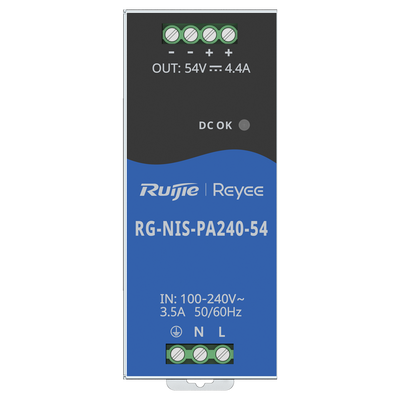 Fuente de alimentación Industrial Reyee - Salida DC 54 V 4,4A / 240 W - 2 salidas DC - Voltaje entrada 100 V ~ 240 V - 125 (Al) x 52 (An) x 110 (Fo) mm - Montaje en carril DIN