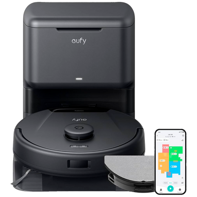 Robot aspirapolvere e spazzola Eufy by Anker - Potenza massima di 5000 Pa - Capacità del serbatoio Polvere 350 ml e acqua 280 ml - Tecnologia BoostIQ™️ / Navigazione laser iPath - Mappatura Vari Piani - Compatibile con Amazon Alexa e Google Assistant
