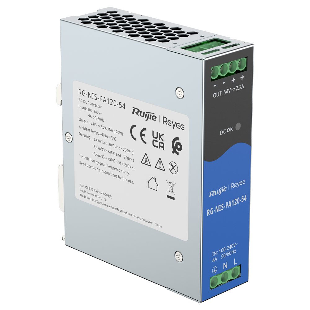 Fuente de alimentación Industrial Reyee - Salida DC 54 V 2,2A / 120 W - 2 salidas DC - Voltaje entrada 100 V ~ 240 V - 125 (Al) x 35 (An) x 100 (Fo) mm - Montaje en carril DIN
