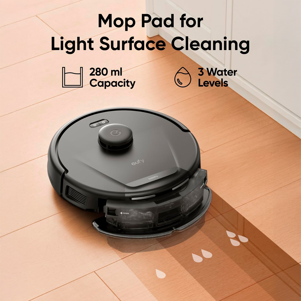 Robot aspirapolvere e spazzola Eufy by Anker - Potenza massima di 5000 Pa - Capacità del serbatoio Polvere 350 ml e acqua 280 ml - Tecnologia BoostIQ™️ / Navigazione laser iPath - Mappatura Vari Piani - Compatibile con Amazon Alexa e Google Assistant