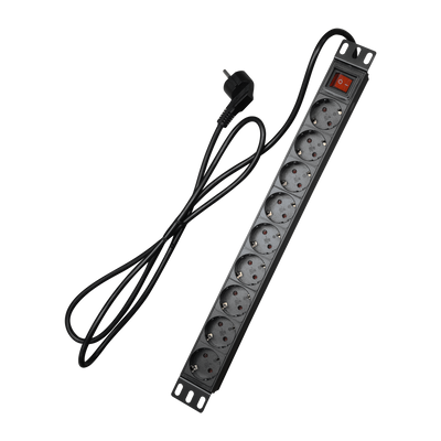 Power strip - 1U rack format - 9 outputs up to 250VAC / 16A max. - On/off switch - Black colour