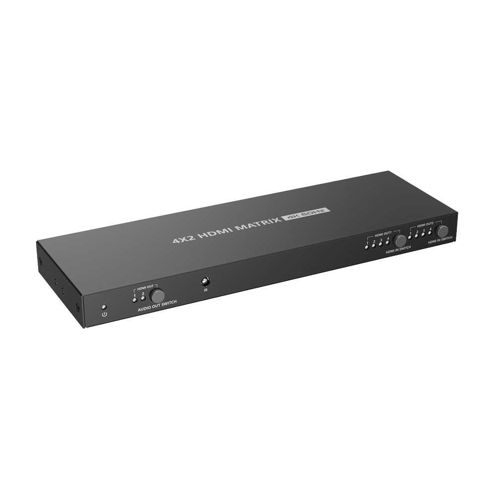 Matriz de video HDMI - 4 entradas HDMI - 2 salidas HDMI - Hasta 4K (entrada y salida) - Permite control remoto - Alimentación DC 12 V