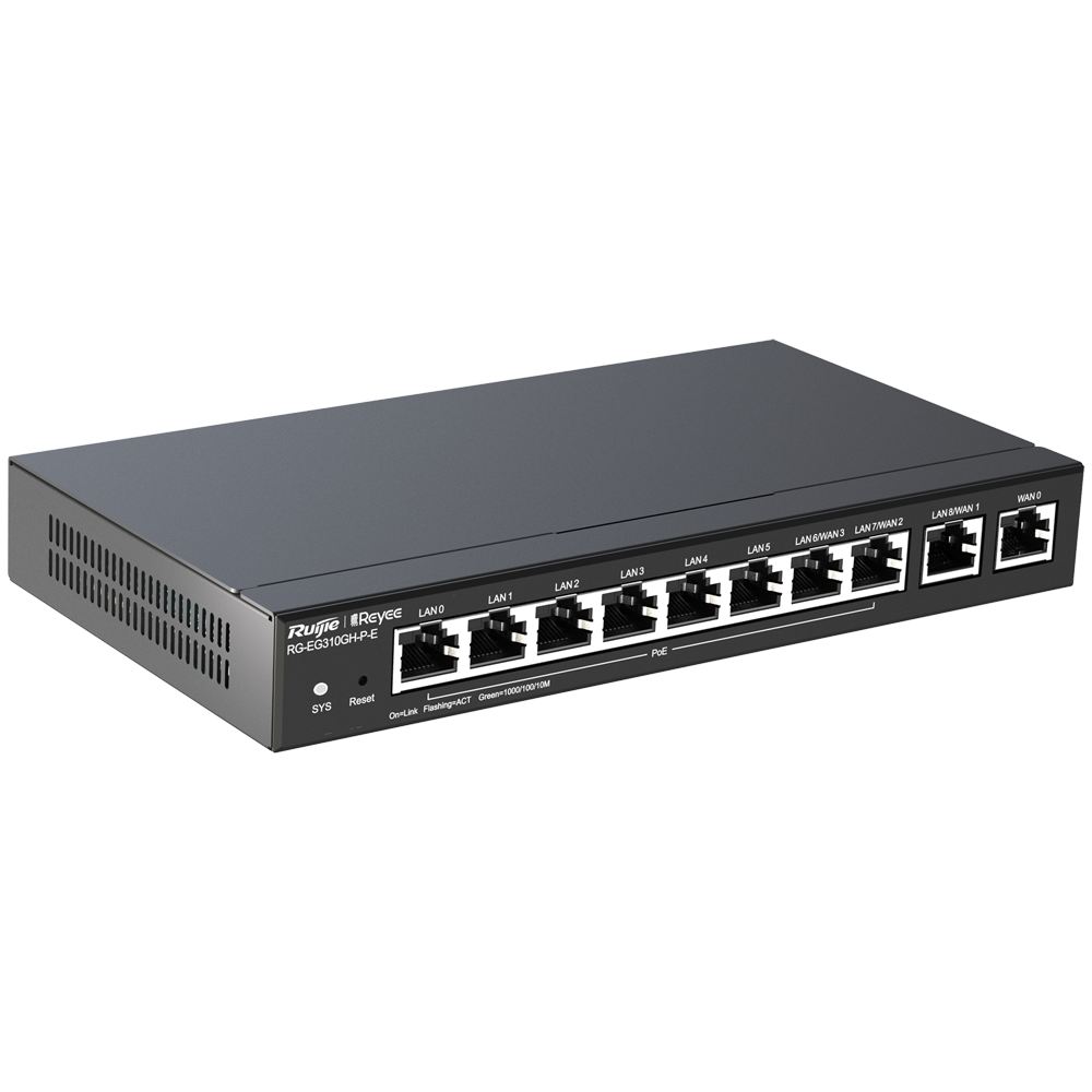 Reyee Router PoE Controller Cloud - 9 Porte GE LAN + 1 Porta GE WAN - 8 Porte PoE+ 802.3af/at / Fino a 110W in totale - Supporta fino a 4 WAN per il failover o il bilanciamento - Fino a 1500 Mbps di larghezza di banda - Server VPN IPSec, L2TP, PPTP, OpenV