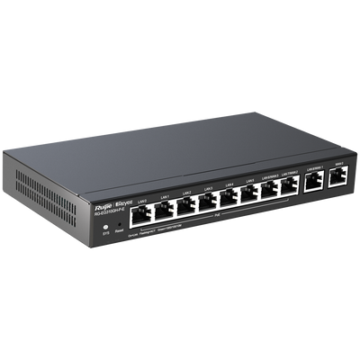 Reyee Cloud PoE Controller Router - 9 GE LAN Ports + 1 GE WAN Port - 8 PoE+ 802.3af/at Ports / Up to 110W total - Supports up to 4 WANs for failover or balancing - Up to 1500 Mbps bandwidth - IPSec, L2TP, PPTP, OpenV VPN server