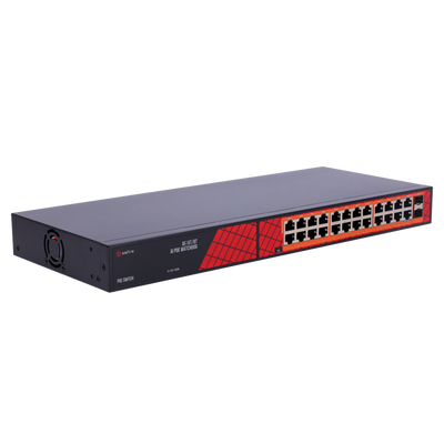 Safire Switch Hi-PoE - 24 puertos PoE + 2 SFP Uplink - Velocidad de puertos Gigabit 10/100/1000Mbps - 22 Puertos PoE+ 30W + 2 Puertos Hi-PoE 60W - PoE Watchdog - Hasta 300W Potencia PoE total