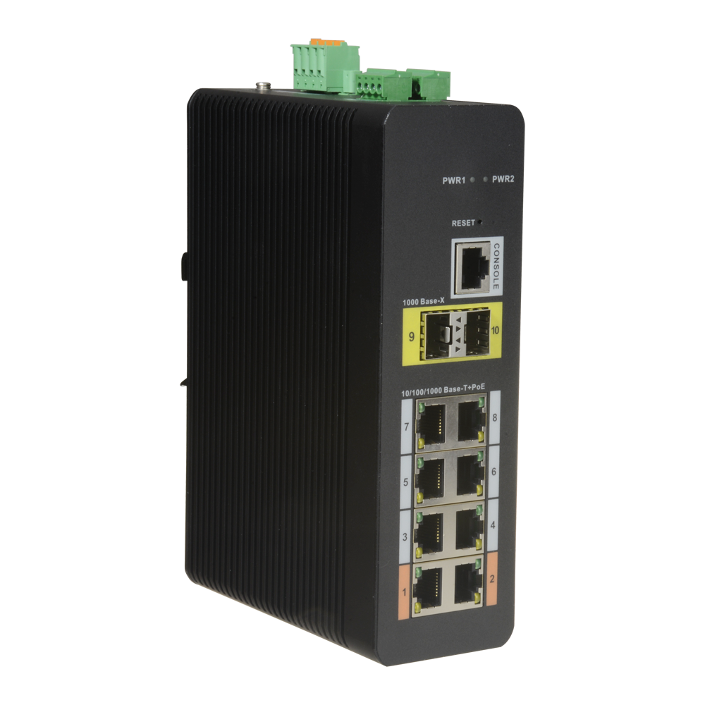 Switch PoE X-Security su Guida DIN - 8 porte PoE RJ45 + 2 porte SFP di fibra - Velocità 10/100/1000 Mbps - 90W porta 1-2 / 30W porta 3-8 / Massimo 120W - Hi-PoE / IEEE802.3at PoE+ / af PoE / IEEE802.3bt - VLAN/STP/RSTP/MSTP/LACP/StaticLAG/QoS/LoopDetect