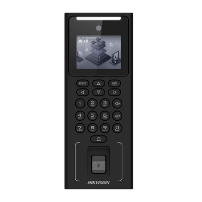 Control de acceso y presencia - Facial, huella, tarjeta EM y PIN - 500 usuarios | 150.000 registros - TCP/IP, USB y RS485 - Controladora integrada (sensor, pulsador y relé) - iVMS-4200 | Hik-Connect