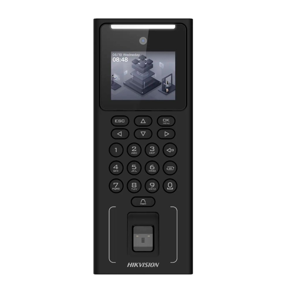 Control de acceso y presencia - Facial, timbre, tarjeta MF y PIN - 500 usuarios | 150.000 registros - TCP/IP, USB y RS485 - Control integrado (sensor, pulsador y relé) - iVMS-4200 | Hik-Conectar