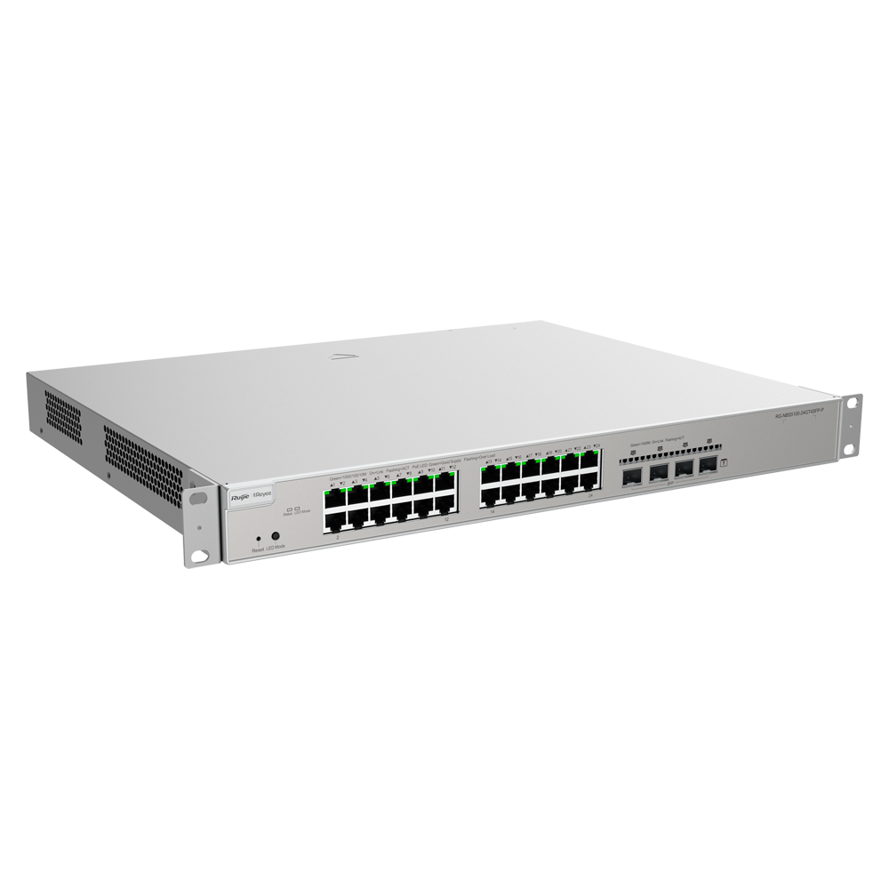 Reyee Switch PoE Cloud Capa 2+ - 24 PoE ports RJ45 Gigabit + 4 SFP Gigabit - 30W port 802.3af/at / Max 370W - Static LAG/DHCP Snoop/IGMP Snoop/Port Mirror - VLAN/Port Isolation/STP/RSTP/ ACL/QoS - DHCP Server/State Routes