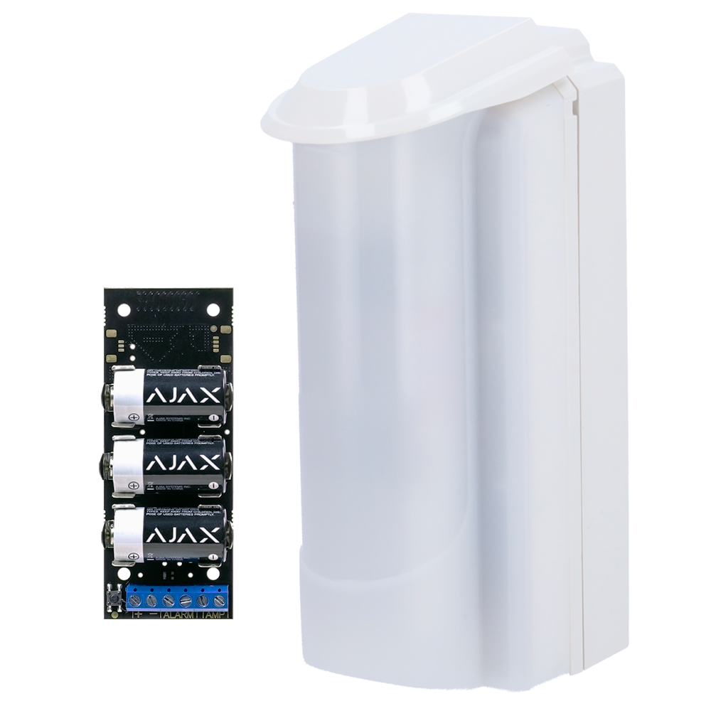 Duevi low consumption outdoor detector - Compatible with Ajax Transmitter (included) - Double PIR / 15 m detection - Antimasking / Immune to pets - Power supplied by the Transmitter - IP54 outdoor use / IK10 vandal resistant