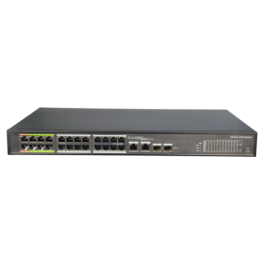 Switch ePoE X-Security - 24 porte PoE + 2 Gigabit Combo Port - Fino a 800 metri di trasmissione - 60 W per porta (1&2) / Massimo 360W - VLAN/STP/RSTP/QoS/802.1X - LACP/Static LAG/Port Mirroring