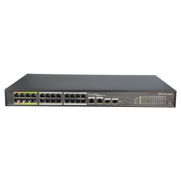 Switch ePoE X-Security - 24 porte PoE + 2 Gigabit Combo Port - Fino a 800 metri di trasmissione - 60 W per porta (1&2) / Massimo 360W - VLAN/STP/RSTP/QoS/802.1X - LACP/Static LAG/Port Mirroring