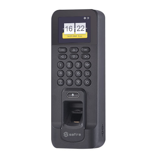 Control de acceso y presencia - Huellas, teclado y tarjeta EM - 3.000 registros / 100.000 registros - TCP/IP, USB, RS485, Wiegand y Relay - Control integrado | Modo Presencia - Software Safire Control Center | De color negro