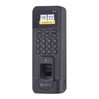Control de acceso y presencia - Huellas, teclado y tarjeta EM - 3.000 registros / 100.000 registros - TCP/IP, USB, RS485, Wiegand y Relay - Control integrado | Modo Presencia - Software Safire Control Center | De color negro
