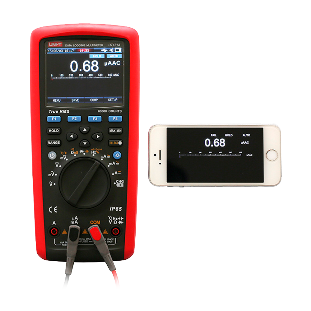 Multimeter with True RMS data logging - PC connection for data transfer - AC/DC measurement: up to 1000V and 10A - Measurement of resistance, capacitance, conductance - Measurement of frequency, temperature, continuity - Data logging and