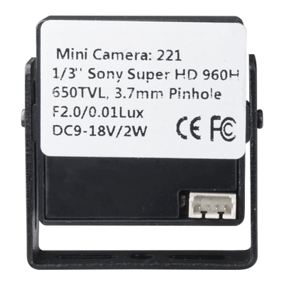 Minicamera cablata - 1/3" Sony© Super HAD CCD II - Risoluzione 600 linee - Staffa incorporata - 0.3 Lux / F2.0 - Ottica 3.7 mm Pinhole