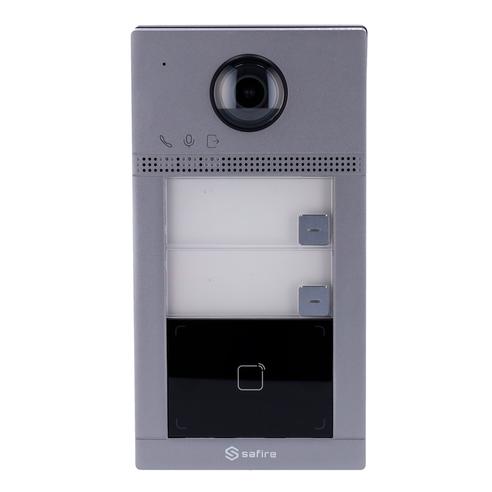 WiFi IP video intercom for 2 apartments - 2 Mp camera | Two-way audio - Opening with 2 relay MF card - Mobile app with or without monitor - Vandal-proof stainless steel - Standard PoE | Surface mounting