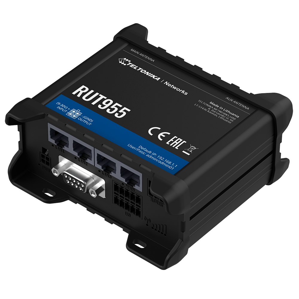 Teltonika Router 4G Industriale - 4 porte Ethernet RJ45 Fast Ethernet - Dual SIM 4G (LTE) Cat 4 fino a 150Mbps - 3x Ingresso + 3x Uscita Digitale + RS232 + RS485 - Wi-Fi 802.11b/g/n 2.4GHz - GNSS + Slot per Micro SD