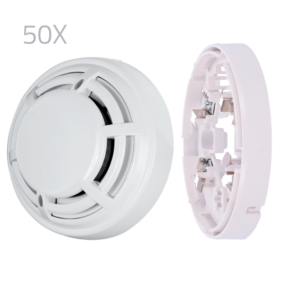 Kit of 50 optical detectors and DMTech bases - Conventional optical fire detector - EN54 part 7 certified - Double alarm LED for display from any location - Made of ABS material with heat resistance - Low profile base