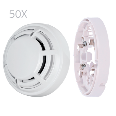 Kit of 50 optical detectors and DMTech bases - Conventional optical fire detector - EN54 part 7 certified - Double alarm LED for display from any location - Made of ABS material with heat resistance - Low profile base