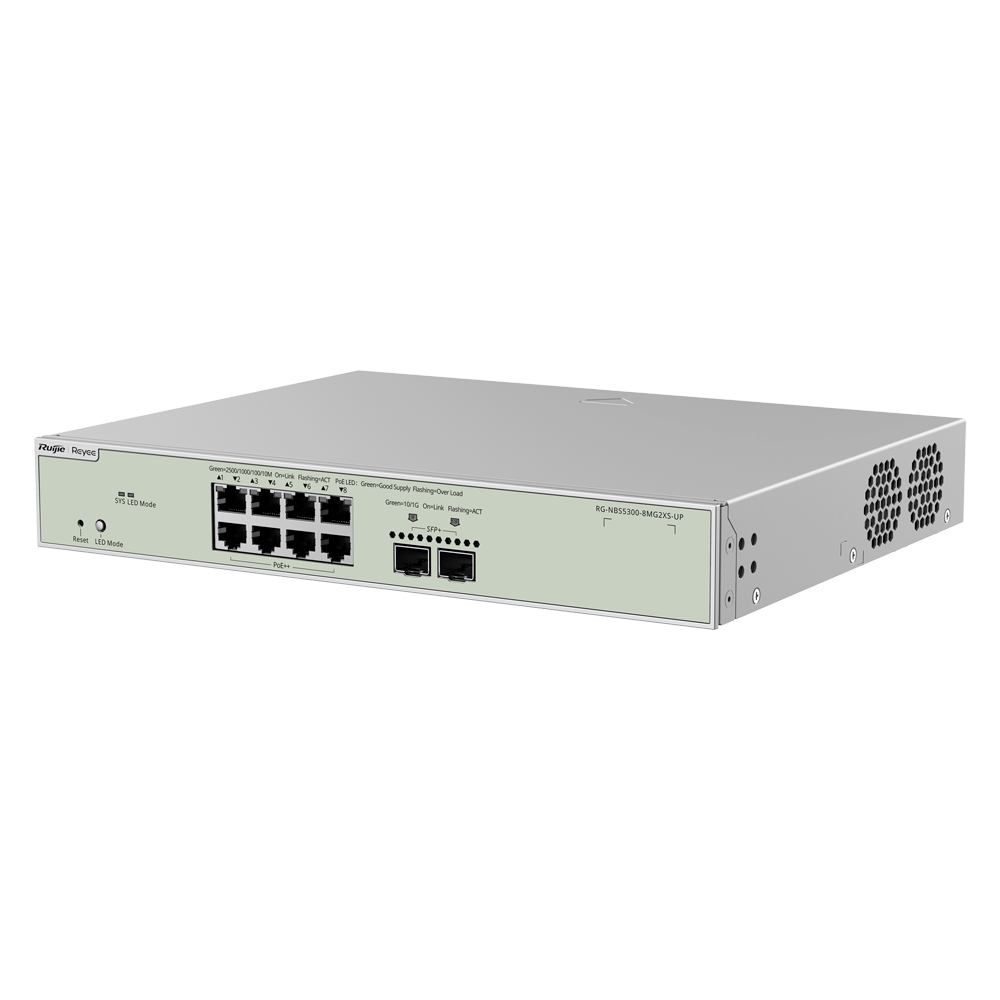 Ruijie Switch Cloud Managed L3 - 8 porte Hi-PoE RJ45 + 2 porte SFP+ - 8 Porte Multi-Gigabit + 2 Porte 10G - VLAN/Port Isolation/STP/RSTP/ACL - DHCP Snoop/IGMP Snoop - Montaggio su rack