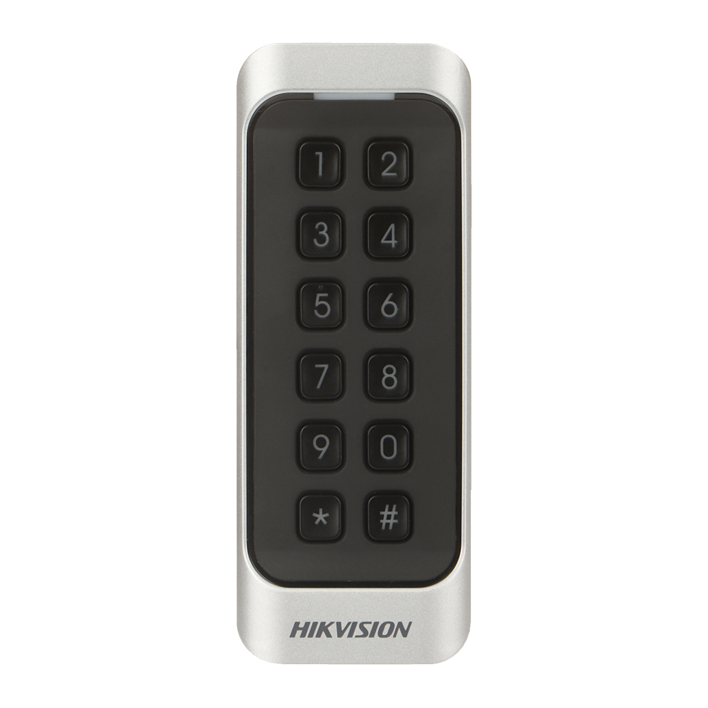 Lector de control de accesos de superficie - Acceso mediante tarjeta EM y PIN - Indicador LED y acústico - Wiegand 26/34 | RS485 - Compatible con controladores Hikvision - Apto para exterior IP65