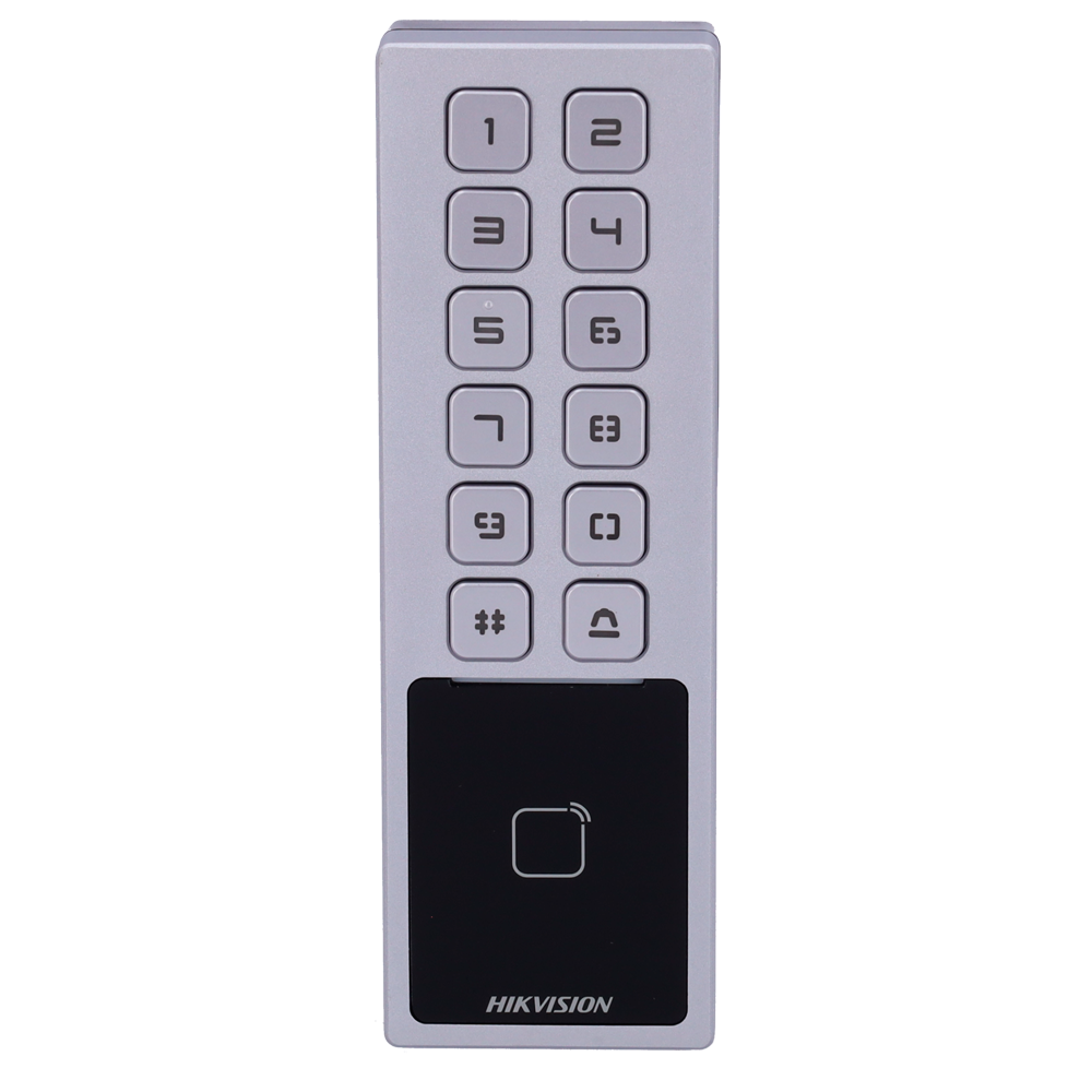 Control de acceso - Tarjeta MF y PIN - 10.000 usuarios | 100.000 registros - TCP/IP, RS485 y Wiegand | IP65 e IK08 - Control integrado (sensor, pulsador y relé) - iVMS-4200 | Hik-Conectar