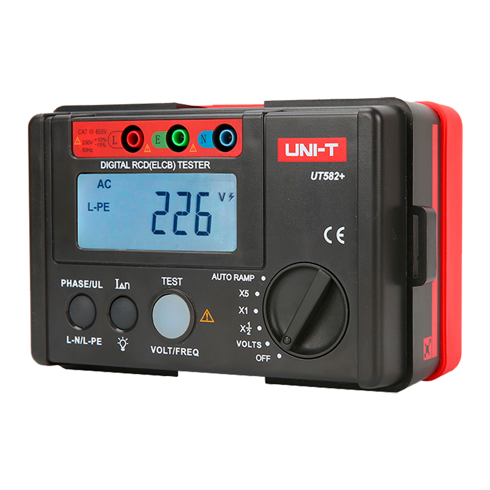 Circuit breaker tripping time tester - LCD display up to 1000 counts - Compatible with 195V~253V single phase circuits - AC voltage measurement up to 600V - 0º and 180º phase selector - Auto shut off