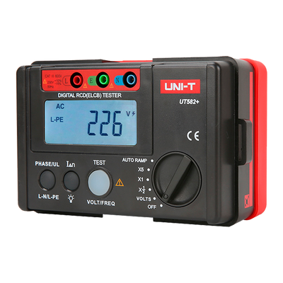 Circuit breaker tripping time tester - LCD display up to 1000 counts - Compatible with 195V~253V single phase circuits - AC voltage measurement up to 600V - 0º and 180º phase selector - Auto shut off