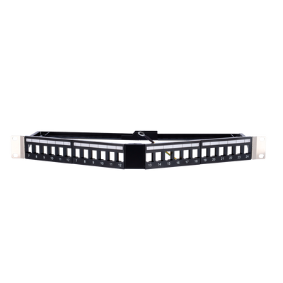 Blank corner patch panel - 24 FTP ports - 1U rack format - Without electronics - Cable tie bar included - With grounding wire