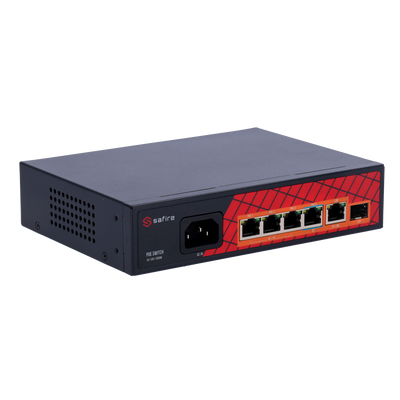 Switch Safire Hi-PoE - 4 Puertos PoE + 1 Uplink RJ45 + 1 Uplink SFP - Velocidad puerto Gigabit 10/100/1000Mbps - 3 Puertos PoE+ 30W + 1 Puerto Hi-PoE 60W - Watchdog PoE - Hasta 65W Potencia PoE total