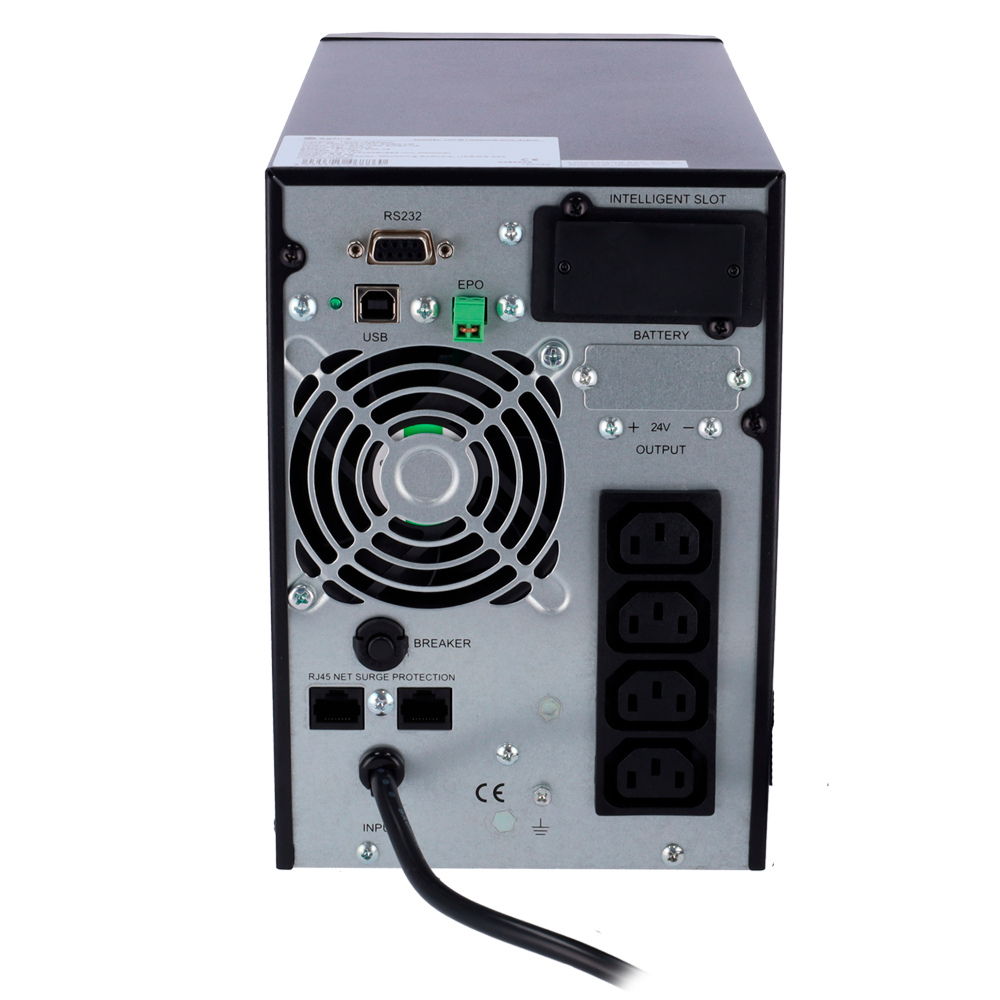 SAI online - Power 1000VA/900W - Input 200~240 Vac / Output 200~240 Vac - 4 IEC type protected backup sockets - Recharge time 4~5 hours - 2 sealed lead-acid batteries (included)