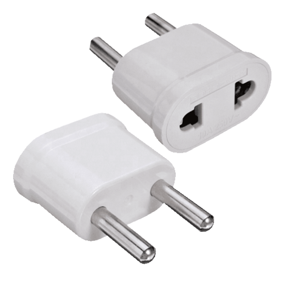 Adaptador  - Enchufe Tipo A (USA) a Enchufe Tipo F (EU)  - Voltaje 250V AC - Corriente Máxima de Salida 10 A - Color blanco