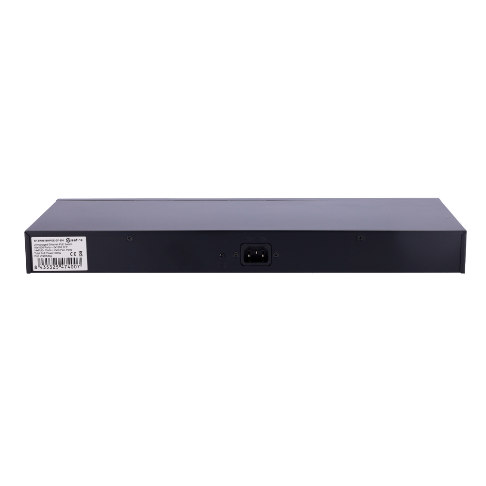 Safire Hi-PoE Switch - 16 PoE Ports + 2 SFP - Gigabit Port Speed ​​10/100/1000Mbps - 14 PoE+ 30W Ports + 2 Hi-PoE 60W Ports - PoE Watchdog - Up to 300W Total PoE Power