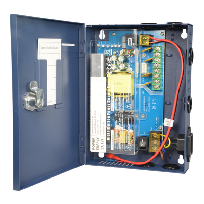 Slim power distribution box - 1 AC 220 V 5OHz input - 4 copper pair outputs - Resettable protection fuse - Output voltage 12 V / 60 W - Metal body