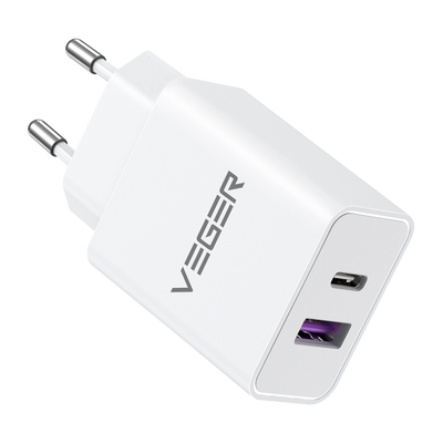 VEGER - Charger - Total power 65 W - 1 USB-A port, 1 USB-C - Protection against overcharging and short circuits - White color