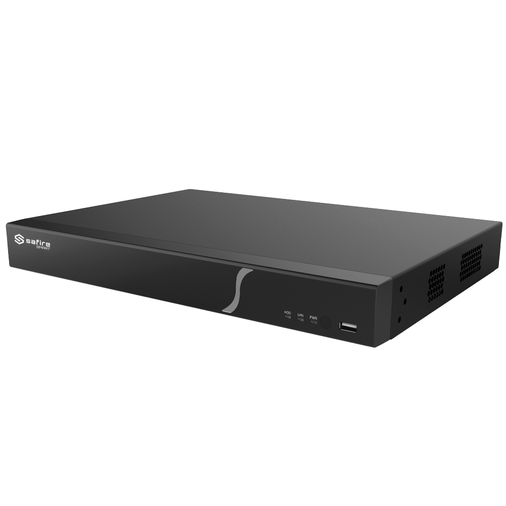 Safire Smart - Grabador NVR para cámaras IP gama B2 - 16CH Puertos PoE / Compresión H.265S / 2HDD - Resolución hasta 12Mpx / Ancho de banda 80Mbps - HDMI 4K y VGA / Dewarping Fisheye - Reconocimiento facial, Metadatos de vídeo