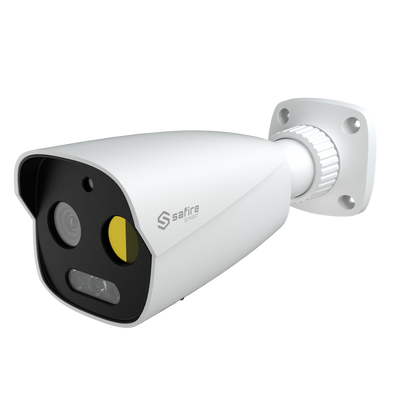 Cámara térmica Dual Bullet IP Safire Smart - Sensor térmico 256x192 VOx | Lente 3.2 mm - Sensor óptico 1/2.7” 5 Mpx | Lente 4 mm - Sensibilidad térmica ≤ 50mK - AI basado en clasificación de humano y vehículo - Rango medición temp -20~150ºC / ± 8ºC