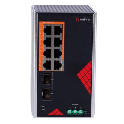 Safire Switch Industrial Alimentación AC 90~264V - 8 puertos Gigabit + 2 SFP Gigabit - 6 Puertos PoE+ 30W + 2 Puertos Hi-PoE 60W - PoE Watchdog - Hasta 130W Potencia PoE total - Instalación carril DIN