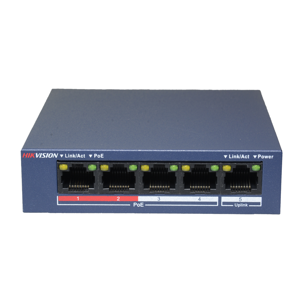 Hikvision Desktop Switch - 4 PoE Ports + 1 Uplink Port (RJ45) - 10/100 Mbps Speed ​​- Up to 35W in total for all ports - Compatible with PoE IEEE802.3af