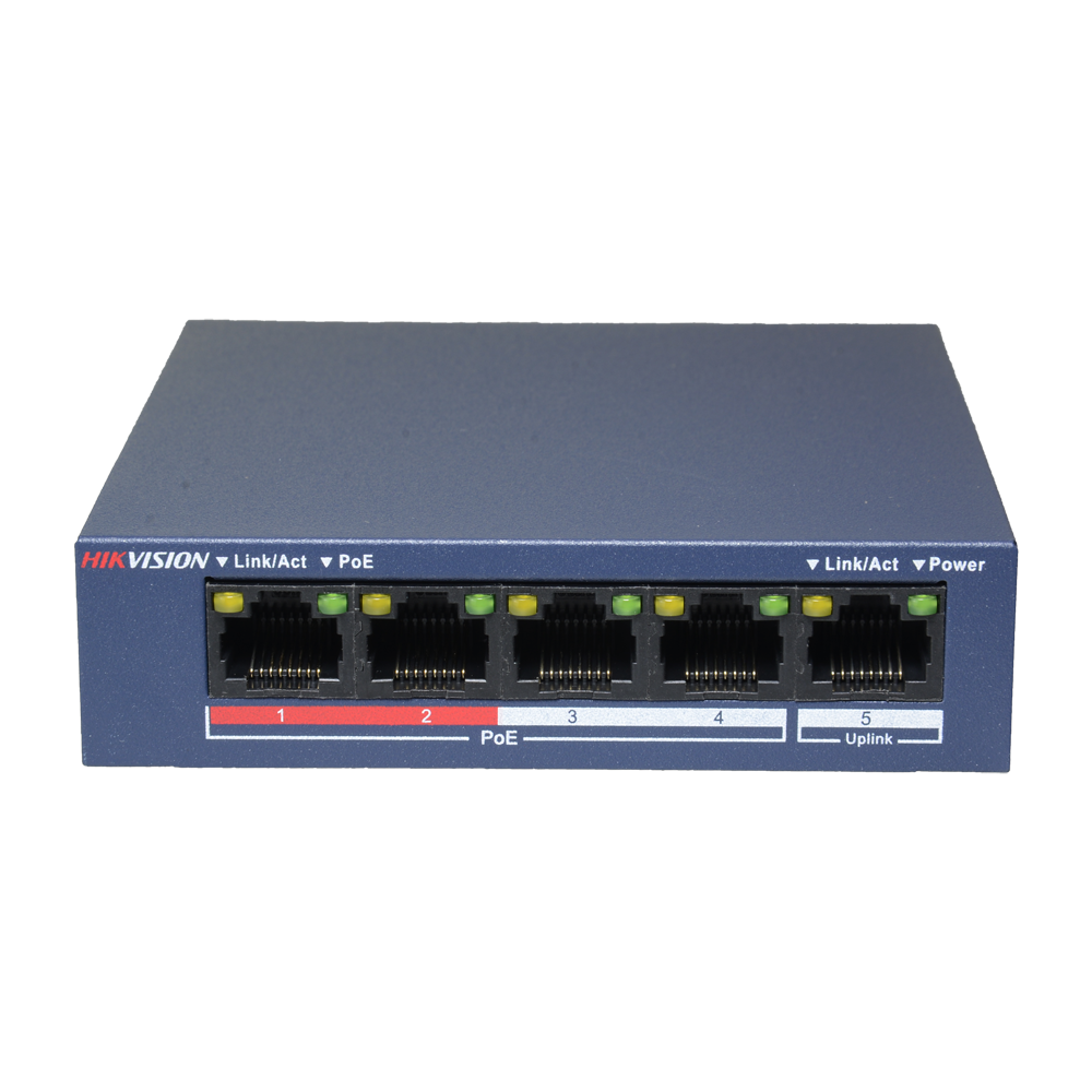 Interruttore da tavolo Hikvision - 4 Porte PoE + 1 porta Uplink (RJ45) - Velocità 10/100 Mbps - Fino 35W in totale per tutte le porte - Compatibile con PoE IEEE802.3af