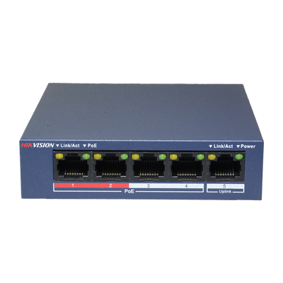 Interruttore da tavolo Hikvision - 4 Porte PoE + 1 porta Uplink (RJ45) - Velocità 10/100 Mbps - Fino 35W in totale per tutte le porte - Compatibile con PoE IEEE802.3af