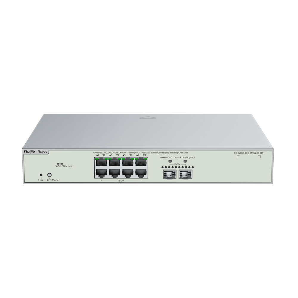 Ruijie Switch Cloud Managed L3 - 8 porte Hi-PoE RJ45 + 2 porte SFP+ - 8 Porte Multi-Gigabit + 2 Porte 10G - VLAN/Port Isolation/STP/RSTP/ACL - DHCP Snoop/IGMP Snoop - Montaggio su rack