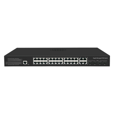 Switch PoE Gestibile - 24 porte PoE + 4 Combo Gigabit  + 4 Combo SFP - Velocità 10/100/1000 Mbps - 30 W per porta 802.3af/at / Massimo 300W - VLAN/Porta Isolation/STP/RSTP/MSTP/QoS/802.1X - LACP/Static LAG/DHCP Snooping/IGMP Snooping/QoS
